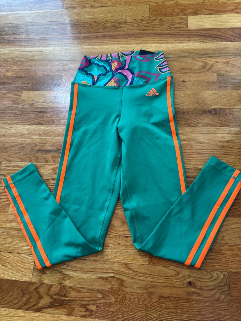 adidas Teal Leggings with Orange Stripes and Colorful Waistband